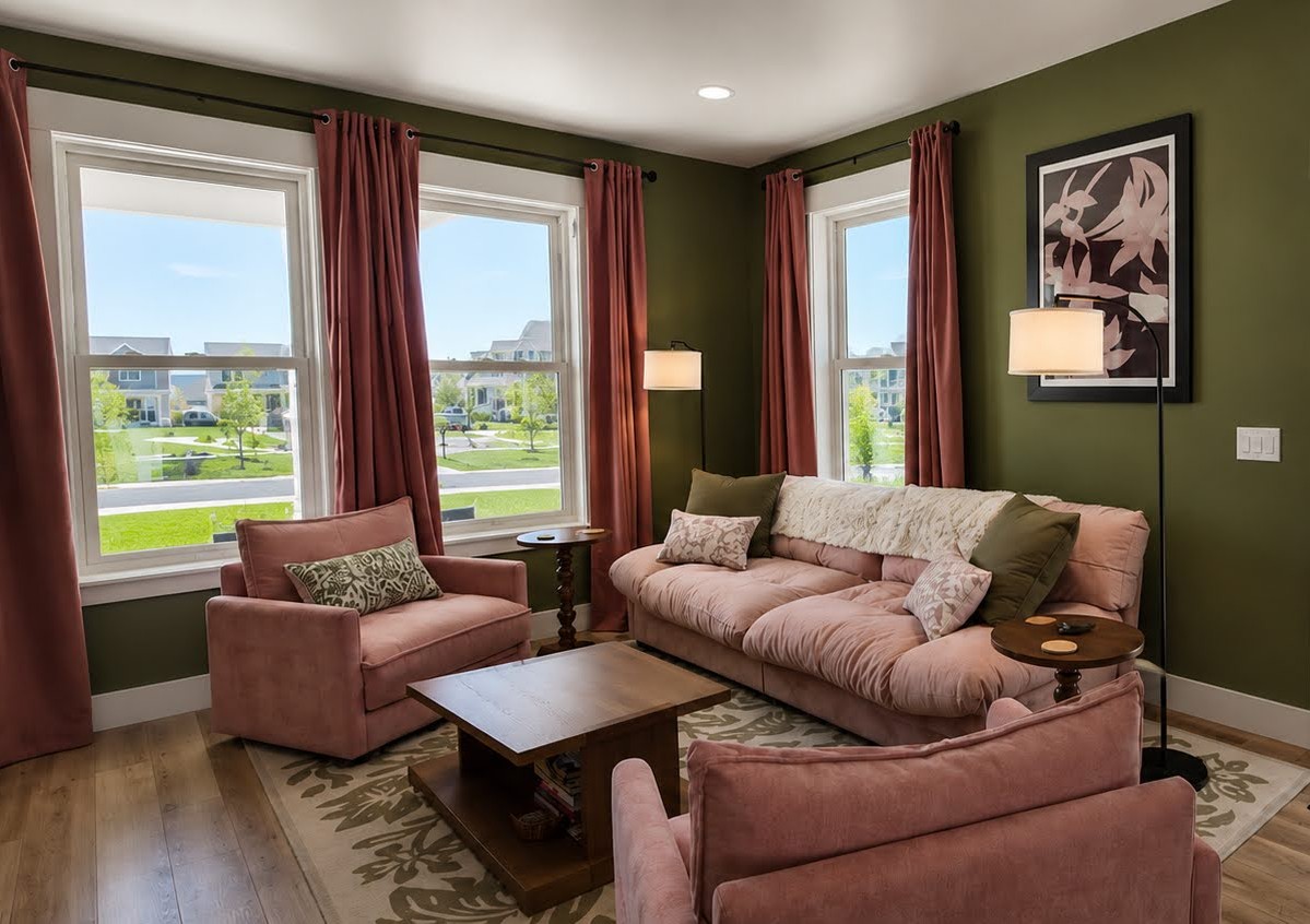 Sage and blush toned living room of Moss & Blush furnished stay